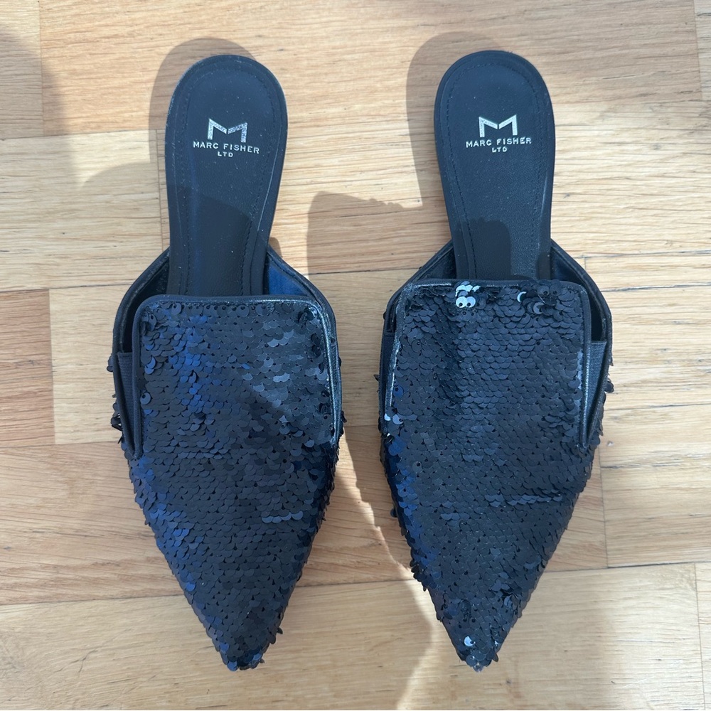 Marc Fisher Black Sequin Pointy Toe Flat / Mule - image 2